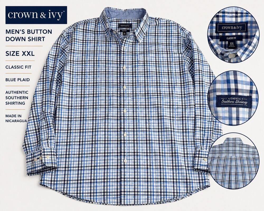 Crown & Ivy Classic Fit Mens Size XXL Button Up Blue Plaid Preppy Shirt